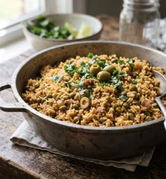 Arroz con gandules puertorriqueño servido en caldero tradicional
