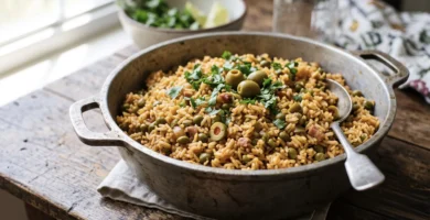 Arroz con gandules puertorriqueño servido en caldero tradicional