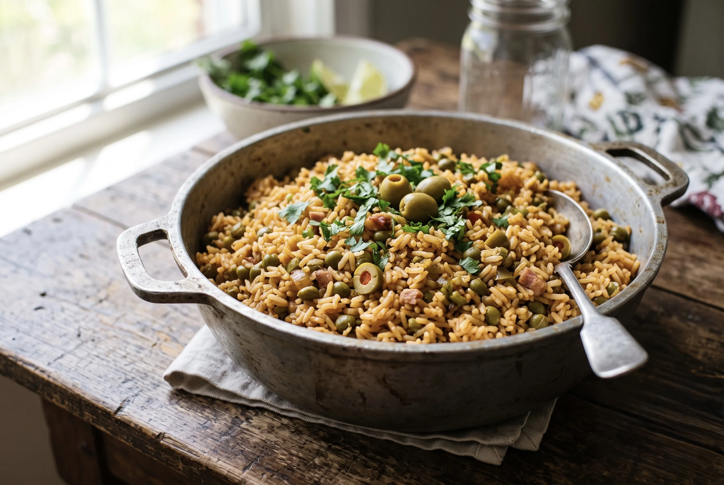 Arroz con gandules puertorriqueño servido en caldero tradicional